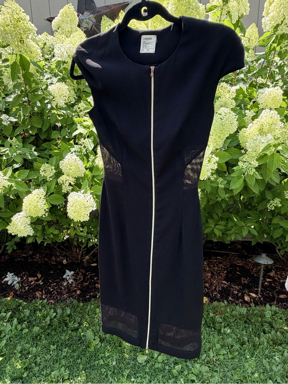L'AGENCE Black Midi Zip-Front Cap Sleeve Dress